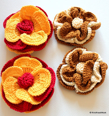 Brown and Beige Crochet Flower Applique x 1